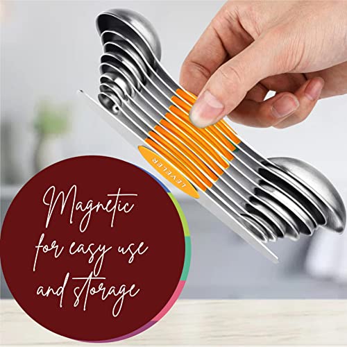 Magnetic Measuring Spoons Set of 9 Stainless Steel Dual-Sided Stackable Measuring Spoon Nesting Teaspoons Measuring Dry and Liquid Ingredients, Fits in Spice Jars Set of 9 (Orange) - color: Orange