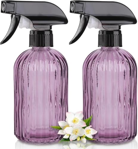 Glass Plant Mister Spray Bottle 15oz Purple Adjustable Nozzle for Gardening | 360° 3 spray modes, fine dew-like mist, thick glass, visible water level, 2pack mist sprayer for cleaning hair pets plants - color: Purple