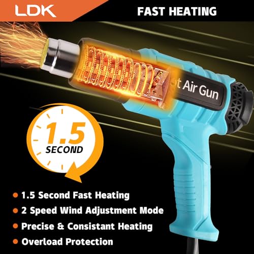 LDK Heat Gun, Heavy Duty Heating Gun Variable Temperature Control | 1.5s Fast Heating 140°F~1100°F Hot Air Gun Kit with 4 Nozzles for Crafting Shrink Tubing Vinyl Wrap - color: Blue 2000w