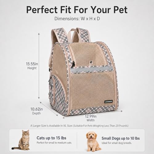 Cat Backpack Carrier for Small Dogs and Medium cat Puppy Kitten Bunny Pet Carrier Backpack Collapsible with Fully Ventilated Mesh with Safety Leash (Khaki, 12.9" L x 10.62" W x 15.5" H - M) - color: Khaki, size: Medium