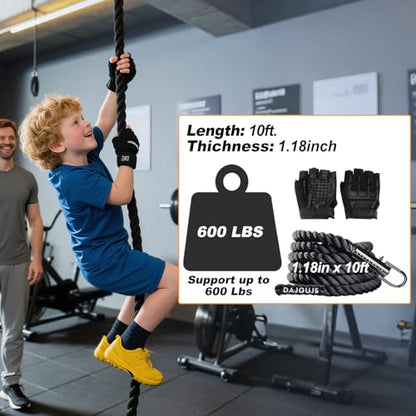 Climbing Rope Gym Workout - 1.5 Inch Dia 10FT 15FT 20FT 25FT 30FT 35FT 40FT 50FT Heavy Duty Work Out Rope Exercise Climbing Ropes for Adults Kids Fitness & Strength Training Outdoor & Indoor - Black - style: 1.18 Inch-10ft
