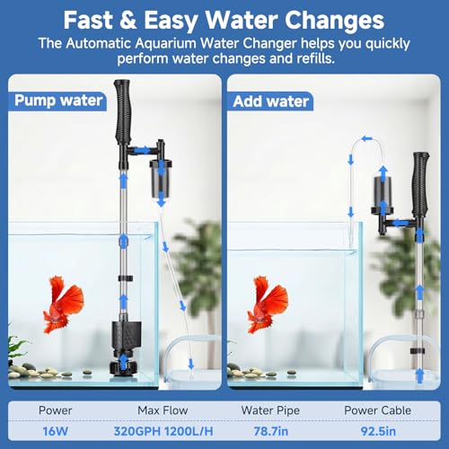 AQQA Aquarium Gravel Vacuum Cleaner, 8-in-1 Electric Fish Tank Cleaner with Automatic Water Change,320GPH Strong Suction, Anti-Clog Gravel Barrier,Sand Washer, Vacuum Cleaner for 15.7-30in Tank Height