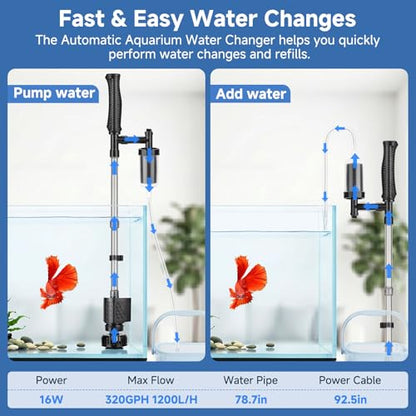 AQQA Aquarium Gravel Vacuum Cleaner, 8-in-1 Electric Fish Tank Cleaner with Automatic Water Change,320GPH Strong Suction, Anti-Clog Gravel Barrier,Sand Washer, Vacuum Cleaner for 15.7-30in Tank Height