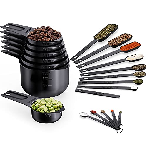 Wildone Black Measuring Cups & Spoons Set of 21 - Includes 7 Stainless Steel Nesting Measuring Cups, 8 Measuring Spoons, 1 Leveler & 5 Mini Measuring Spoons, Ideal for Dry & Liquid Ingredients - color: Black
