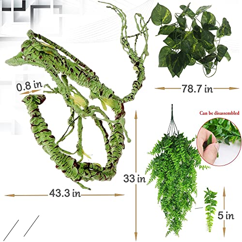 Hamiledyi Fake Reptile Plants for Terrarium Bendable Snake Climbing Vine | Artificial Leaves with Suction Cup, Hanging Reptile & Amphibian Habitat Decor for Bearded Dragon Gecko Tree Frog Chameleon - size: 3 PCS - Style 1