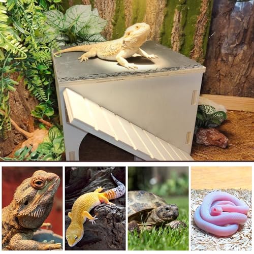 Large Bearded Dragon Basking Platform,Wooden Reptile Hide Cave with Slate Rock Climbing Ramp Tank Accessories for Leopard Geckos,Lizard,Snake,Tortoise (Medium) - size: M:9.1×7.1×7.8"