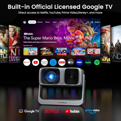 HAPPRUN 2000 ANSI Outdoor Projector with Official Google TV, 4K Decoding | Dolby Audio, 10K+ Apps, AI Auto Focus, 270° Stand,Smart Projector with WiFi and Bluetooth, Movie Projector for Indoor/Outdoor