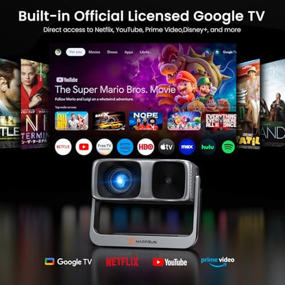 HAPPRUN 2000 ANSI Outdoor Projector with Official Google TV, 4K Decoding | Dolby Audio, 10K+ Apps, AI Auto Focus, 270° Stand,Smart Projector with WiFi and Bluetooth, Movie Projector for Indoor/Outdoor
