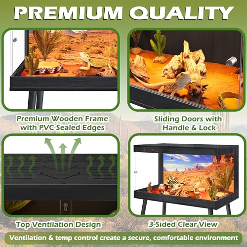 Royxen Bearded Dragon Tank, 31 Gallon Reptile Tank with Leg Stand,Built-in Lighting Reptile Enclosure, Tempered Glass Bearded Dragon Encloure for Chameleon (Black,24"x 16"x 16") - color: Black, size: 31 Gallons,24"x16"x16"