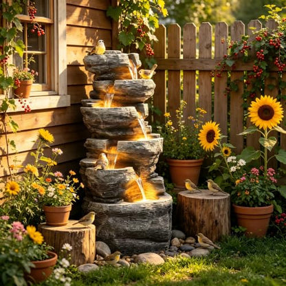 39.4" 6-Tier Cascading Rock Outdoor Fountain LED Bird Waterfall | hand-carved stone with birds, garden patio porch backyard - color: 39.4"h Gray