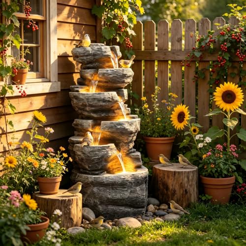 39.4" 6-Tier Cascading Rock Outdoor Fountain LED Bird Waterfall | hand-carved stone with birds, garden patio porch backyard - color: 39.4"h Gray