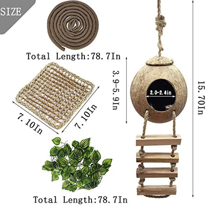 Lizard Coco Den with Ladder,Leopard Gecko Coconut Husk Hut Hideout Home Reptile Hammock Climbing Hanging Plants Decor Habitat Tank Accessories for Bearded Dragon Snake Chameleon - style: 【Style A】