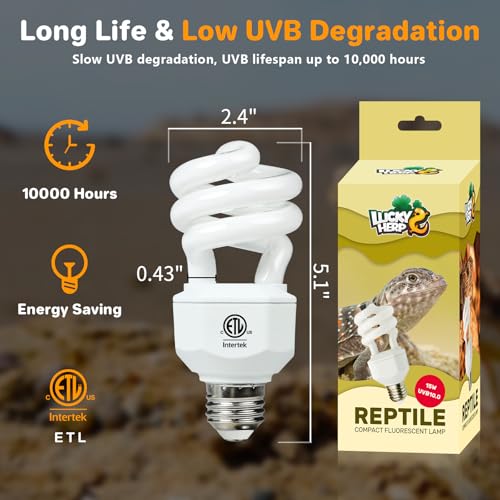 LUCKY HERP UVA UVB Reptile Light 10.0, Desert UVB 150 Compact Fluorescent Lamp, UVB Light for Reptiles 15W, UVA UVB Reptile Light Bulb, UVB Bulb for Reptiles Bearded Dragons Lizards Tortoises Snakes - style: UVB10.0 15W