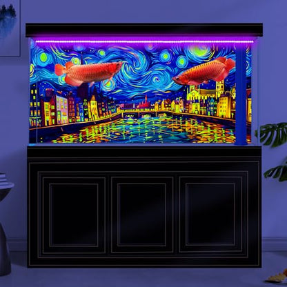 72X24IN Blacklight Vincent Van Gogh Black Light Aquarium Background, UV Fish Tank Background Art Oil Painting Terrarium Background with 10 EVA Double-Sided Tape - size: 72X24in/180X60cm
