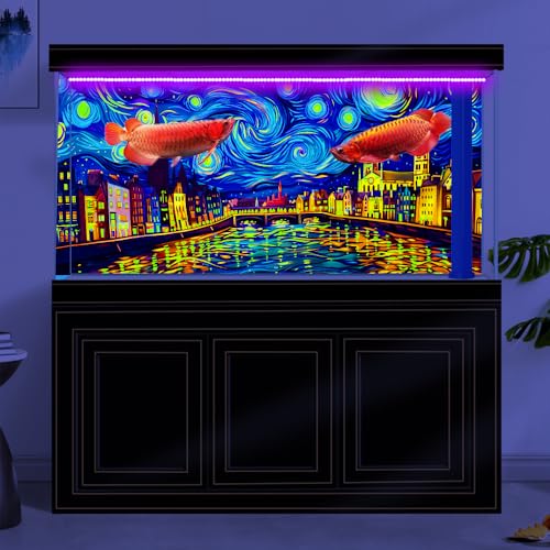 48X24IN Blacklight Vincent Van Gogh Black Light Aquarium Background, UV Fish Tank Background Art Oil Painting Terrarium Background with 10 EVA Double-Sided Tape - size: 48X24in/120X60cm