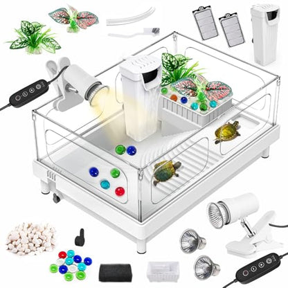 GOZILLA Small Turtle Tank Kit(Tank+Lamp+Filter), Acrylic Turtle Starter Kit with Adjustable Lamp, Reptile Habitat and Terrarium with Multi-Functional Areas for Small Reptiles. (White Kit)
