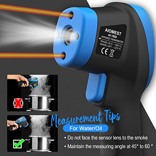 AIOMEST AI-1800 Digital Pyrometer DS 50:1, Touchless Infrared Thermometer Gun for High Temperature Non Contact Measuring -58~3,272℉,Handheld IR Laser Gauge for HVAC Kiln Cooking (NOT for Human Temp)
