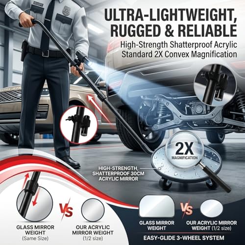 Under Vehicle Inspection Mirror with Light, Under Car Mirror 12 Inch Adjustable Angle Telescoping Handle Magnifying Vehicle Security Tool, Portable Convex Search Mirror with Carry Bag