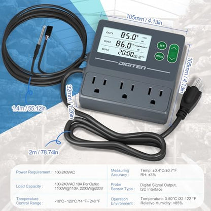 DIGITEN Temperature and Humidity Controller with Timer,3 Outlet Dual Probes | 3-Stage Outlet Control Temp,Humidity & Timer Separately,Digital Thermostat Outlet for Reptile,Aquariums,Mushroom,Greenhouse