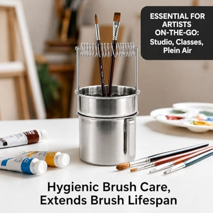 Double Layer Paint Brush Washer, Stainless Steel Oil Paint Brush Cleaner with Spiral Holder, Removable Strainer and Wash Tank for Oil, Acrylic, Watercolor