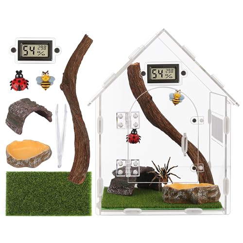 9-in-1 Acoustic Jumping Spider Enclosure Kit, 8"x8"x12" Magnetic Door with Feeding Hole Terrarium for Praying Mantis Tarantula Arboreal Reptile Habitat, Complete Accessories Set