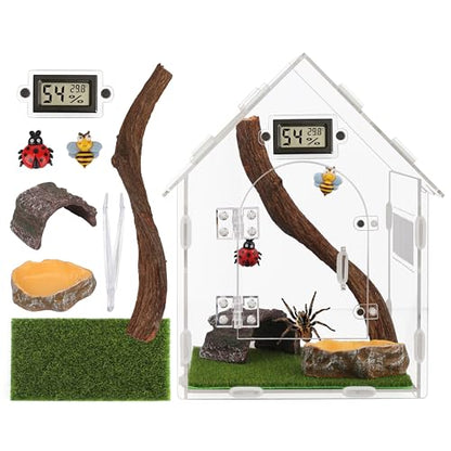 9-in-1 Acoustic Jumping Spider Enclosure Kit, 8"x8"x12" Magnetic Door with Feeding Hole Terrarium for Praying Mantis Tarantula Arboreal Reptile Habitat, Complete Accessories Set