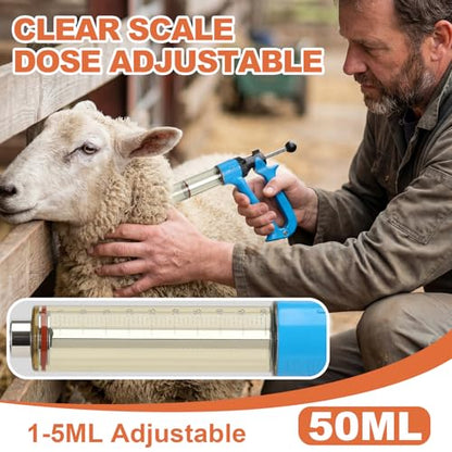 50ml Semi-Auto Repeating Livestock Syringe Gun, 5 Dose Settings | Ergonomic Grip, Clear Barrel & Luer Lock, Vet Injector for Cattle, Horses, Goats, Sheep & Pigs - color: Blue50ML