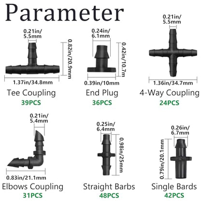 220PCS 1/4" Drip Irrigation Kit Barbed Connectors, Straight Barb, Tee, Single Barb, End Plug, Elbow, 4 Way Coupling Irrigation Fittings for Garden Lawn Flower Pot - size: 220PCS- Barbed Connectors