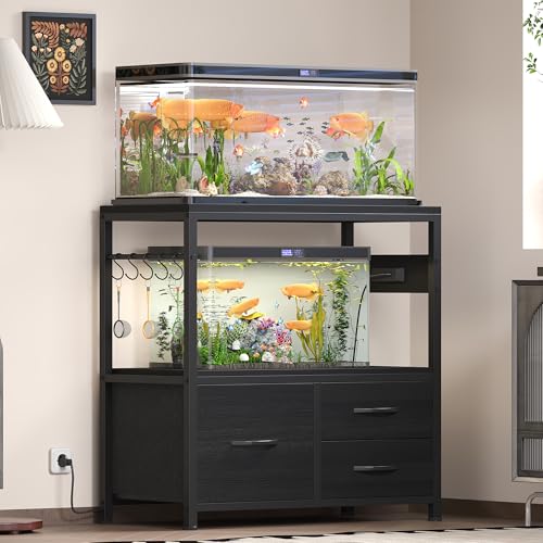 Heybly 20-29 Gal Fish Tank Stand with Drawer, Power Outlet,330lbs HAS001BK | Aquarium Stand,Heavy Duty Metal Frame for Fish Tank, Turtle & Reptile Terrarium, 31.5" x 15.7" Top, Black - color: Black, size: 20-29 gal
