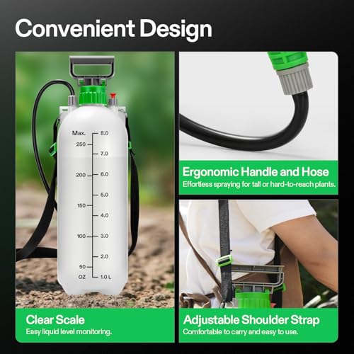 VIVOSUN 2.1 Gal/8L Pump Sprayer, Garden Water Sprayer | for Plants, Weeds & Lawn Care, with 3 Nozzles, 50'' Long Hose & Pressure Relief Valve - size: 2.1 gal