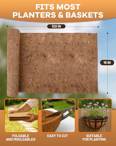 Coco Liners for Planters - 16" x 120" Thick Coconut Fiber, Pre-Drained Planter Liner, Reptile Bedding & Garden Mat | 100% Natural & Biodegradable Coconut Coir for Plants - size: 16 inches x 120 inches