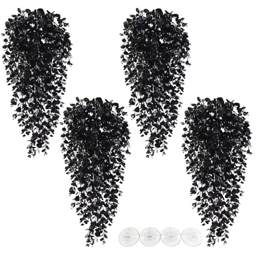 Hamiledyi 4 PCS Reptile Plants, Hanging Terrarium Plants, Artificial Leaves Habitat Decorations with Suction Cup, Fake Amphibian Plants for Bearded Dragon Lizard Hermit Crab Geckos Chameleon(Black) - size: 4 PCS