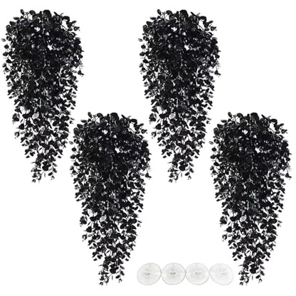 Hamiledyi 4 PCS Reptile Plants, Hanging Terrarium Plants, Artificial Leaves Habitat Decorations with Suction Cup, Fake Amphibian Plants for Bearded Dragon Lizard Hermit Crab Geckos Chameleon(Black) - size: 4 PCS