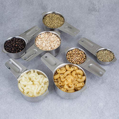 7-Piece 18/8 Stainless Steel Measuring Cups Set, Silver | Includes 1/16, 1/4, 1/3, 1/2, 2/3, 3/4 and 1 Cup, Engraved US and Metric Markings, Pour Spouts and Ring Connector - color: Silver, size: 7 Piece