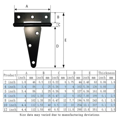 HLMOptimo Heavy Duty T Hinge, 2 pcs, 8 Inch, Black, Powder Coated, Carbon Steel - size: 8 Inch, style: 2 pcs