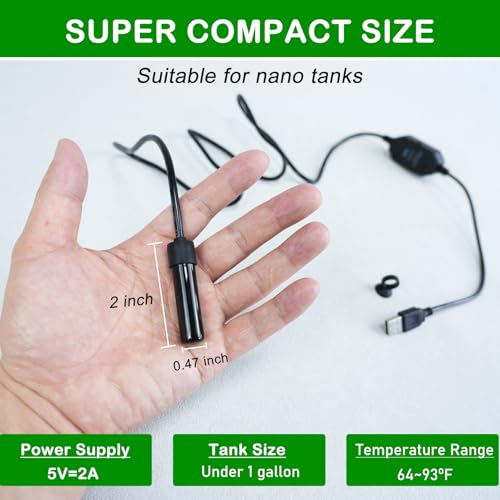 Shatter-Resistant Aquarium Heater, USB 10W Adjustable Mini Fish Tank Heater with External Temperature Controller, Overheating Protection, Used for 0.5-1 Gallon Tank (Alumina Ceramic)