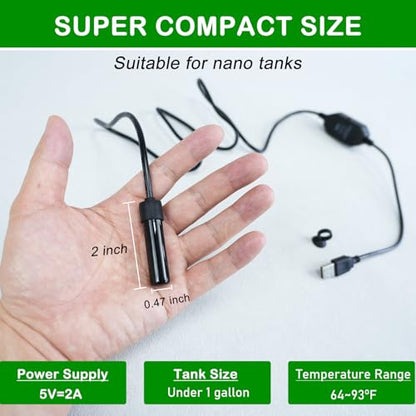 Shatter-Resistant Aquarium Heater, USB 10W Adjustable Mini Fish Tank Heater with External Temperature Controller, Overheating Protection, Used for 0.5-1 Gallon Tank (Alumina Ceramic)