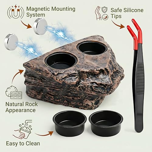 Magnetic Crested Gecko Feeding Ledge with Tongs, 4-Cup Rock Feeder | Made of pet-safe rock plastic for arboreal tanks, this dual-magnet dish stays secure, paired with 6.29in feeding tweezers