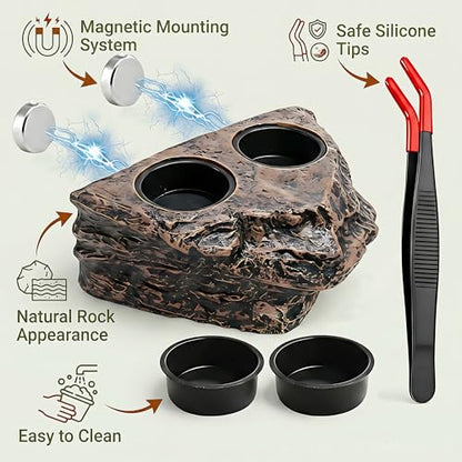 Magnetic Crested Gecko Feeding Ledge with Tongs, 4-Cup Rock Feeder | Made of pet-safe rock plastic for arboreal tanks, this dual-magnet dish stays secure, paired with 6.29in feeding tweezers