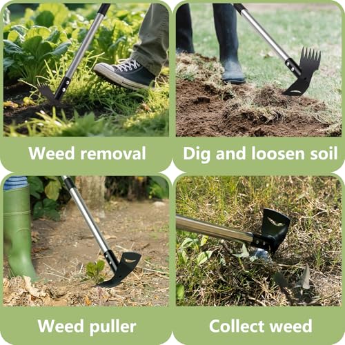 Weed Remover Tool with Long Handle(58IN), 2-in-1 Hand Weed Puller with Rake & Garden Hoe Combo for Gardening, Manual Weeding Tools for Gardens, Yards, Patios, Lawns, and Paved Areas