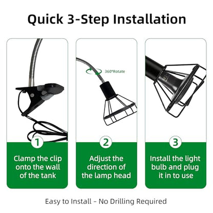 Reptile Heat Lamp Holder with Clamp, Ceramic Heat Emitter Fixture, Gooseneck for Terrarium, Lizard, Turtle, Bearded Dragon, 360-Degree Rotary Arm, High-Temperature Resistant, Maximum Load: 500W