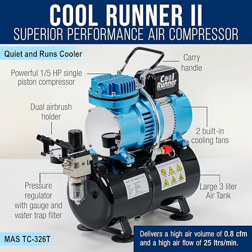 Master Airbrush Multi-Purpose Air Brush Kit with Air Compressor - G444 Airbrush, TC-326T Dual Fan Tank Compressor, 3 Needle Nozzle Tips, 12 Createx Wicked Acrylic Paints and Airbrush Cleaning Kit - size: G444 Airbrush Kit