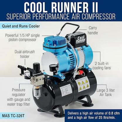 Master Airbrush Multi-Purpose Air Brush Kit with Air Compressor - G444 Airbrush, TC-326T Dual Fan Tank Compressor, 3 Needle Nozzle Tips, 12 Createx Wicked Acrylic Paints and Airbrush Cleaning Kit - size: G444 Airbrush Kit