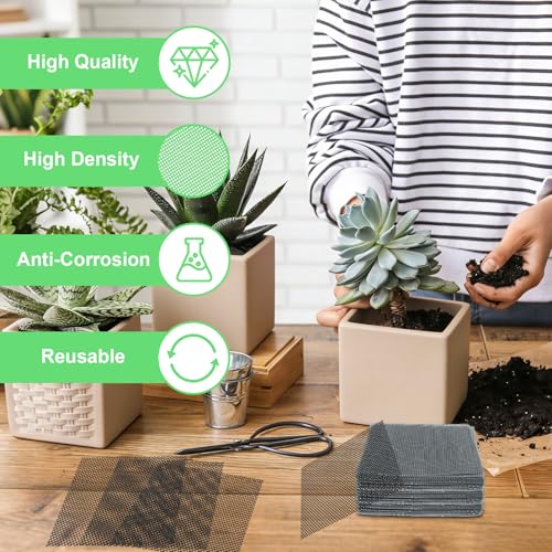 60 Pcs Planter Mesh Drainage Screens, 4 in Square Pads for Flower Pots Hole | Bonsai Flower Pot Bottom Grid Mat Mesh Cover ; Trim to Fit Pots to Help Retain Soil While Allowing Excess Water to Drain