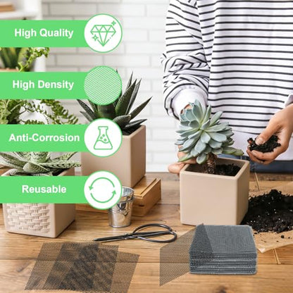 60 Pcs Planter Mesh Drainage Screens, 4 in Square Pads for Flower Pots Hole | Bonsai Flower Pot Bottom Grid Mat Mesh Cover ; Trim to Fit Pots to Help Retain Soil While Allowing Excess Water to Drain