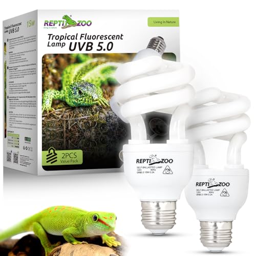 REPTI ZOO UVB Light for Tropical Reptile, 2 Pack 5.0 15W UVA UVB Reptile Light Bulb, UVB Lamp for Crested Gecko Leopard Gecko Frog Toad Snake Chameleon - size: 5.0 15W