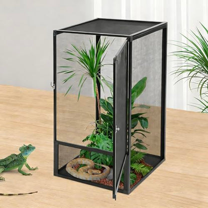 Reptile Pet Feeding Net Box 360° Panoramic, Aluminum Alloy Reptile Enclosure 17.72x17.72x31.50in, Reptile Terrarium with Mesh Ventilation, Metal Latch for Chameleons, Lizards, Snakes