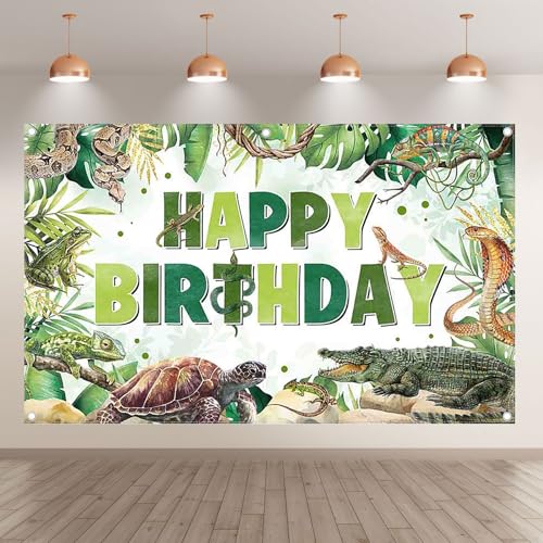 Fabric 96x60inch Reptile Birthday Backdrop Jungle Wild Banner | Tropical Rainforest Lizard Snake Turtle Alligator Palm Leaves Background, Kids Adult Party Decorations, Photo Props - size: 96x60inch