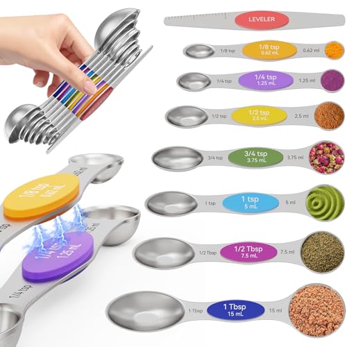 Magnetic Measuring Spoons Set with Measurement Markings | Colorful | Heavy duty 304 stainless steel spoons with strong N52 magnets & triple measurement markings for easy nesting & cleaning. - color: Magnetic Measuring Spoons Set - Colorful