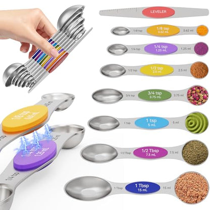 Magnetic Measuring Spoons Set with Measurement Markings | Colorful | Heavy duty 304 stainless steel spoons with strong N52 magnets & triple measurement markings for easy nesting & cleaning. - color: Magnetic Measuring Spoons Set - Colorful